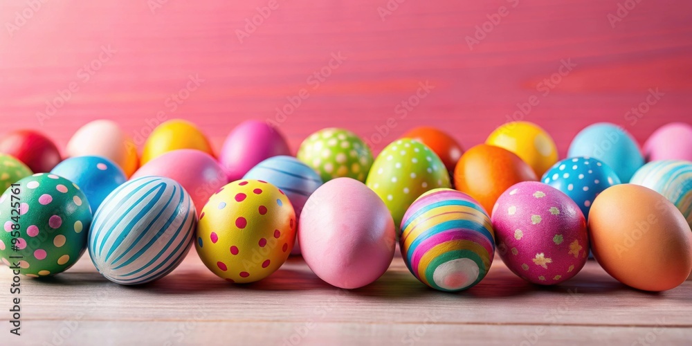 Easter eggs of various colors arranged on a pink table , Easter, eggs, spring, colorful, pastel, decorations, holiday Easter eggs of various colors arranged on a pink table , Easter, eggs, spring, colorful, pastel, decorations, holiday