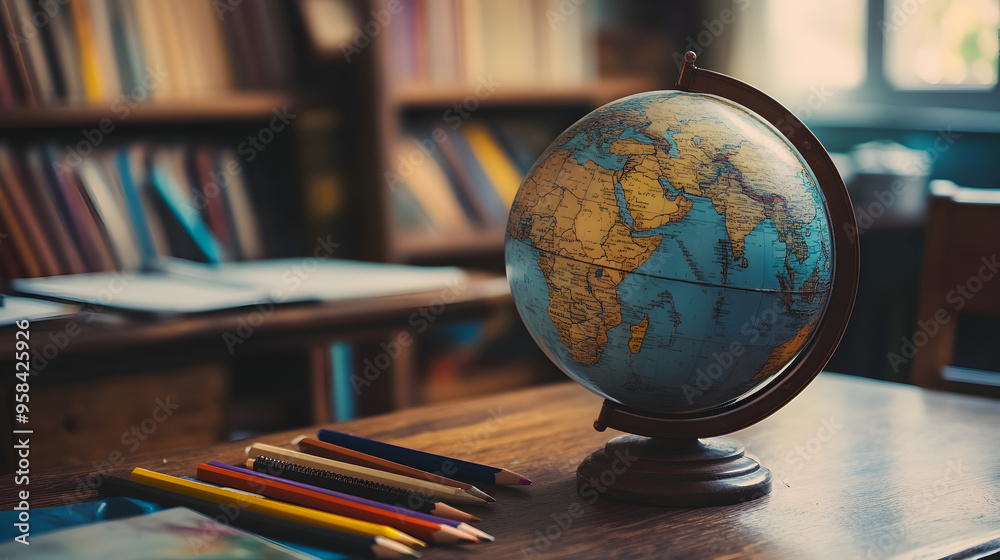 A globe sitting on a wooden desk, surrounded by textbooks and pencils.
A globe sitting on a wooden desk, surrounded by textbooks and pencils.