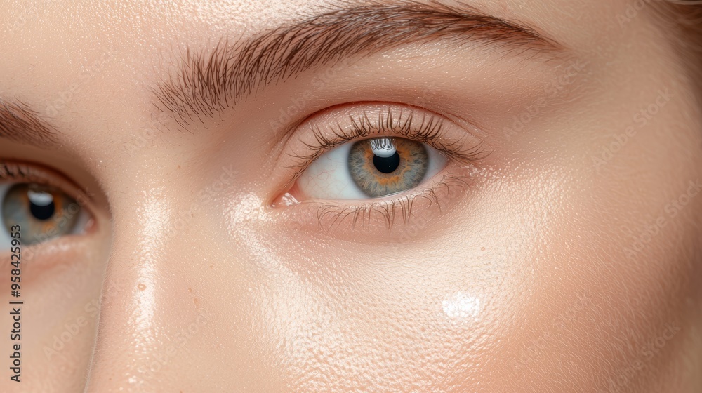 Fototapeta premium Isolated shot of foundation dots under a womans eye, emphasizing skin care and makeup application techniques. Perfect for beauty product advertisements or instructional content.