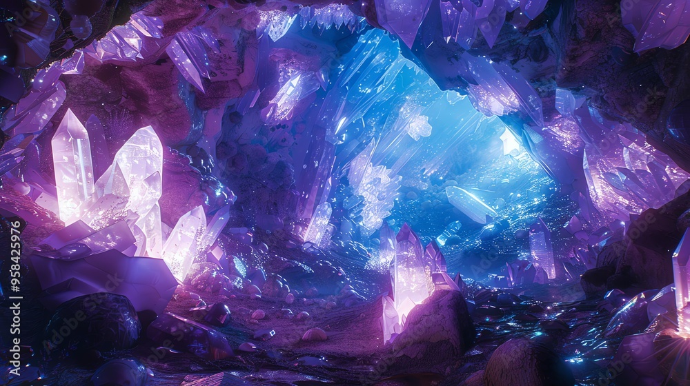A glowing, crystal cave with purple and blue light. A glowing, crystal cave with purple and blue light.