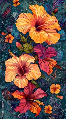 orange hibiscus flowers illustration poster background