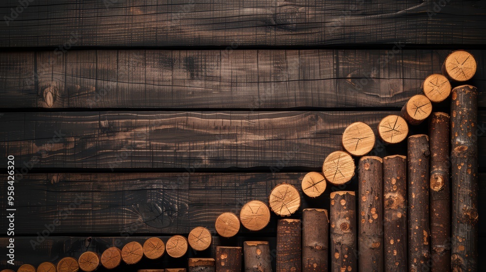 Stacked Wooden Logs Forming an Upward Graph on Dark Wooden Background Stacked Wooden Logs Forming an Upward Graph on Dark Wooden Background
