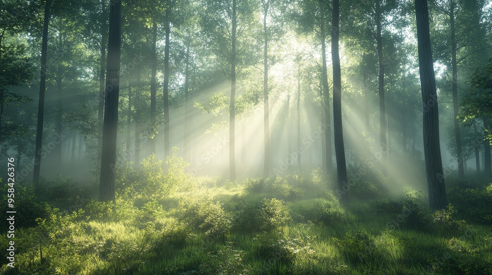 Naklejka premium Peaceful forest scene with sunlight filtering through trees, casting soft rays onto lush greenery and creating a magical atmosphere.
