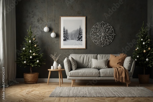 Mock up wall Christmas interior. Scandinavian style. Wall art