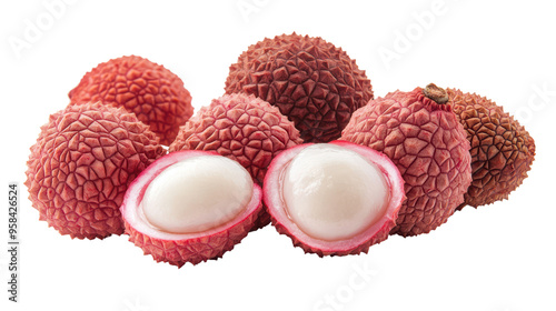 Fresh, ripe lychees with a sweet and slightly tangy aroma, ready to be enjoyed. The vibrant red skin and juicy white flesh make them an irresistible treat.  photo