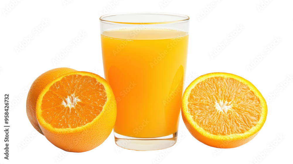 A glass of fresh squeezed orange juice with two half cut oranges beside it. The image evokes feelings of freshness and vitality, perfect for health and wellness themes. A glass of fresh squeezed orange juice with two half cut oranges beside it. The image evokes feelings of freshness and vitality, perfect for health and wellness themes.
