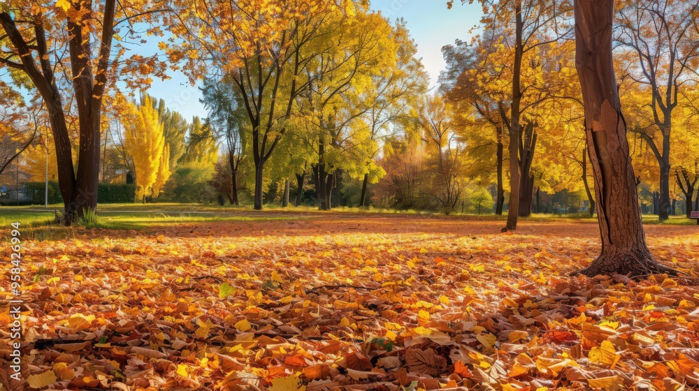 A peaceful park covered in a vibrant carpet of fall foliage, with trees displaying their stunning autumn colors and a gentle breeze rustling the leaves A peaceful park covered in a vibrant carpet of fall foliage, with trees displaying their stunning autumn colors and a gentle breeze rustling the leaves