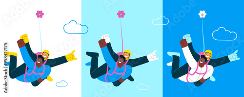 Cheerful flying males perform tandem skydiving jump, male perform superman pose. Extreme sport activities. Modern flat vector illustration.