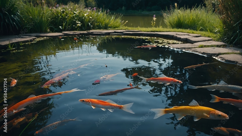Charming garden pond with goldfish, floating lilies, and an attractively landscaped aquatic environment Charming garden pond with goldfish, floating lilies, and an attractively landscaped aquatic environment
