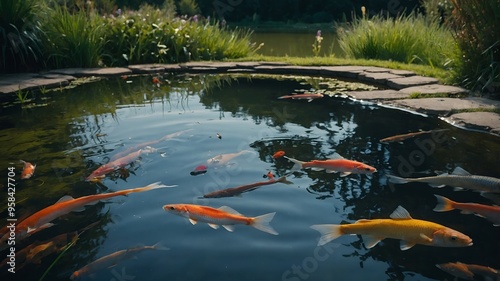 Charming garden pond with goldfish, floating lilies, and an attractively landscaped aquatic environment