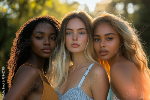 Three diverse models are enjoying the golden hour light for a 야외 photoshoot