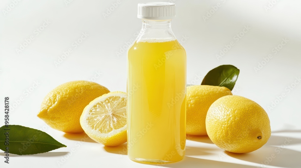 Freshly squeezed lemon juice in a bottle with whole and halved lemons around, radiating a refreshing and vibrant feel. The image evokes a sense of health and vitality. Freshly squeezed lemon juice in a bottle with whole and halved lemons around, radiating a refreshing and vibrant feel. The image evokes a sense of health and vitality.