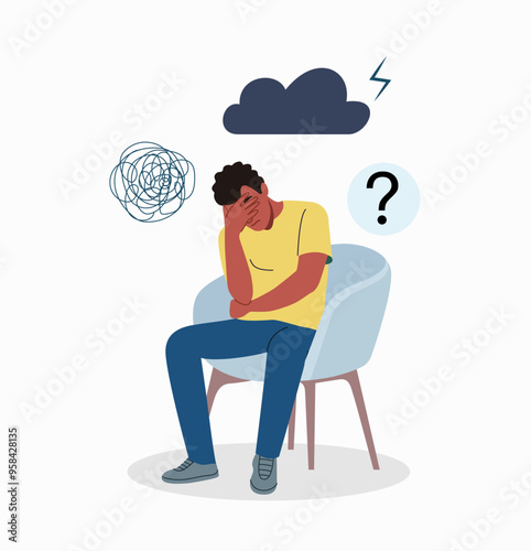 Sad man sitting with his head in his hands.Doldrums concept. Vector flat cartoon  illustration