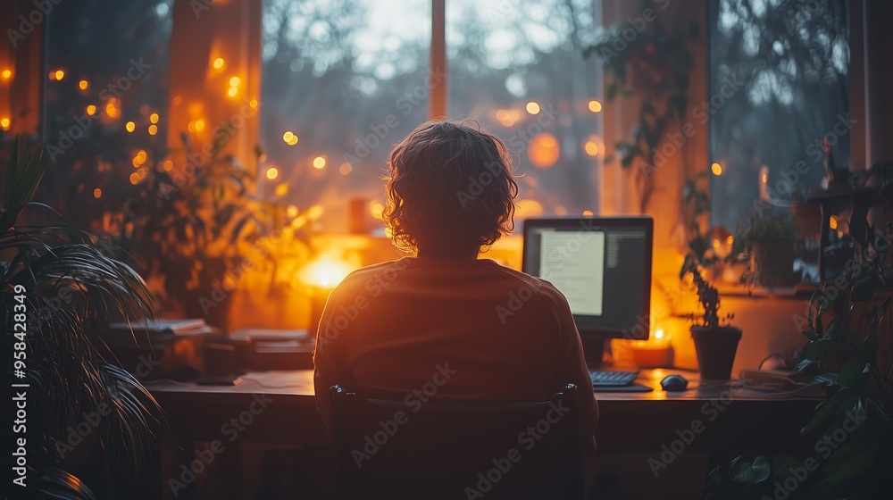 A person working at a desk with glowing lights in a cozy indoor space during twilight hours A person working at a desk with glowing lights in a cozy indoor space during twilight hours
