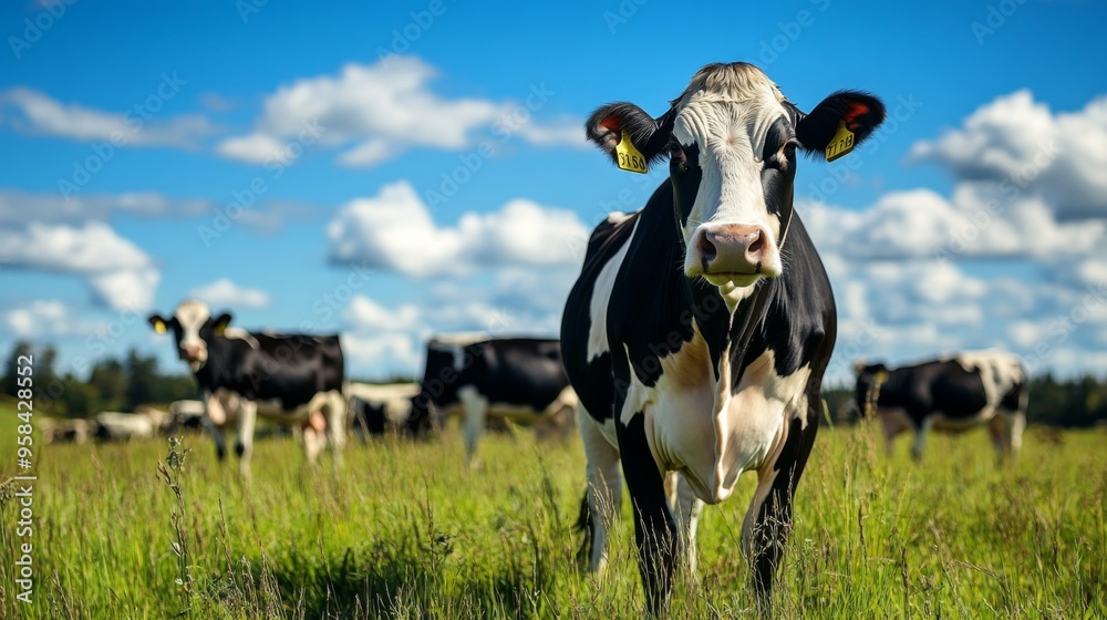 Cattle graze in a beautiful sunny pasture under clear blue skies with soft clouds. Flock of cows Cattle graze in a beautiful sunny pasture under clear blue skies with soft clouds. Flock of cows