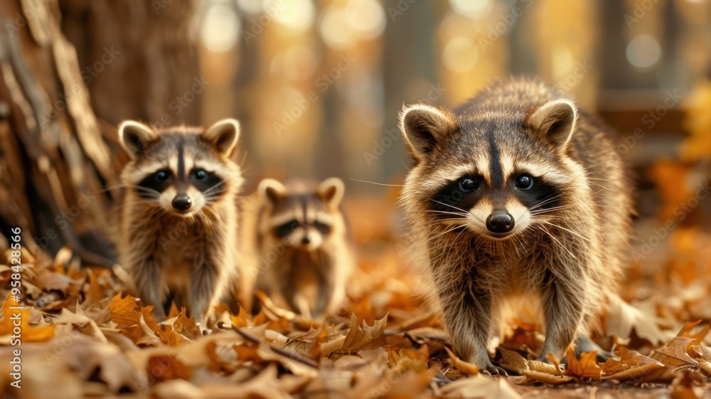 Fototapeta premium Three curious raccoons explore a forest floor covered in autumn leaves, showcasing their distinctive masks and playful nature.