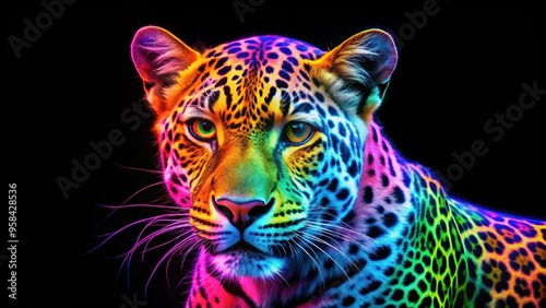 Vibrant and bold neon colored leopard against a black background, Wildlife, Animal print, Neon, Colorful, Exotic, Leopard