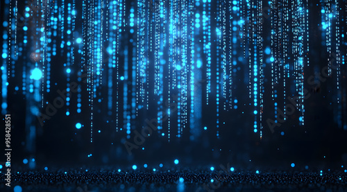 “Cinematic Still of Data Flowing Down Like Blue Binary Code, Evoking a High-Tech and Futuristic Feel with a Focus on Digital Transformation and Information Flow in a Modern Technological Context” 