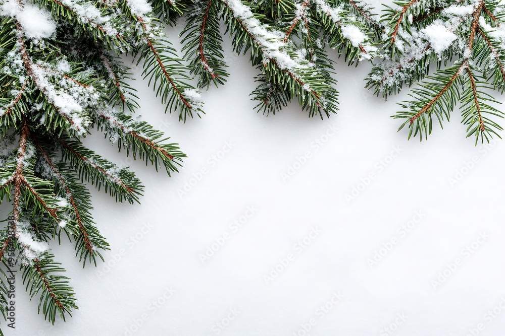 Snowy pine branches on white background with space for text Snowy pine branches on white background with space for text