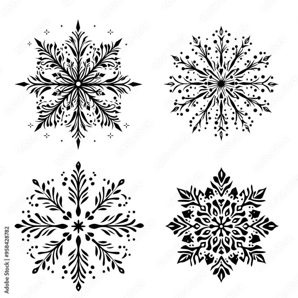 Obraz premium Elegant Black and White Snowflake Designs Winter Holiday Vector Illustrations