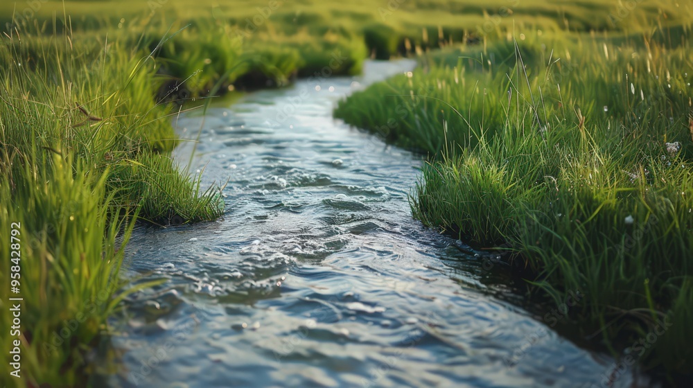 A peaceful stream flowing gently through a grassy meadow, A peaceful stream flowing gently through a grassy meadow,