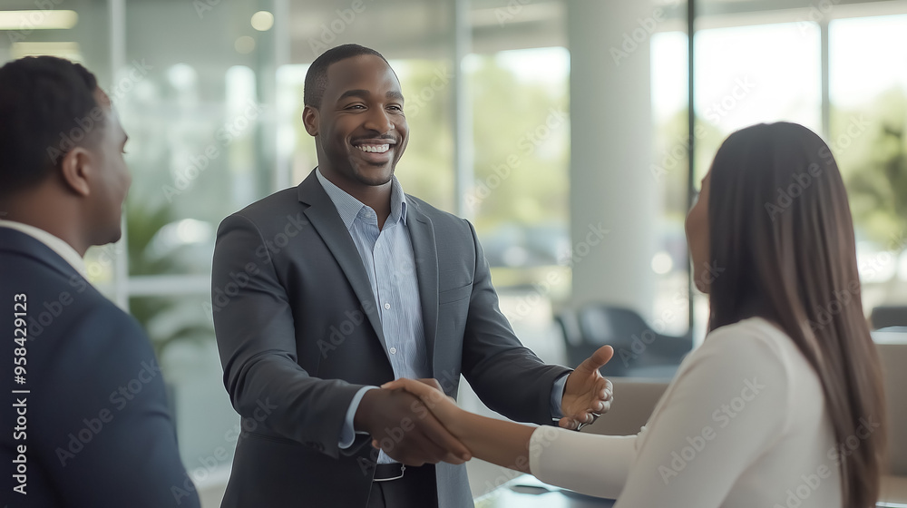 A smiling financial advisor, dressed in a suit and dress shirt, shakes hands with his clients in a bright, modern office A smiling financial advisor, dressed in a suit and dress shirt, shakes hands with his clients in a bright, modern office