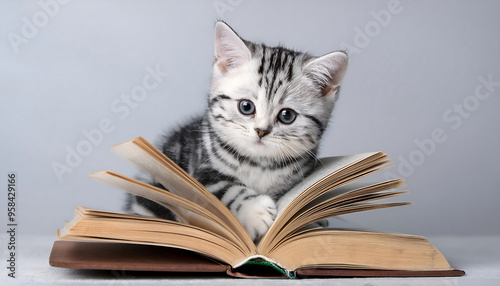 adorable american shorthair kitten reading a book