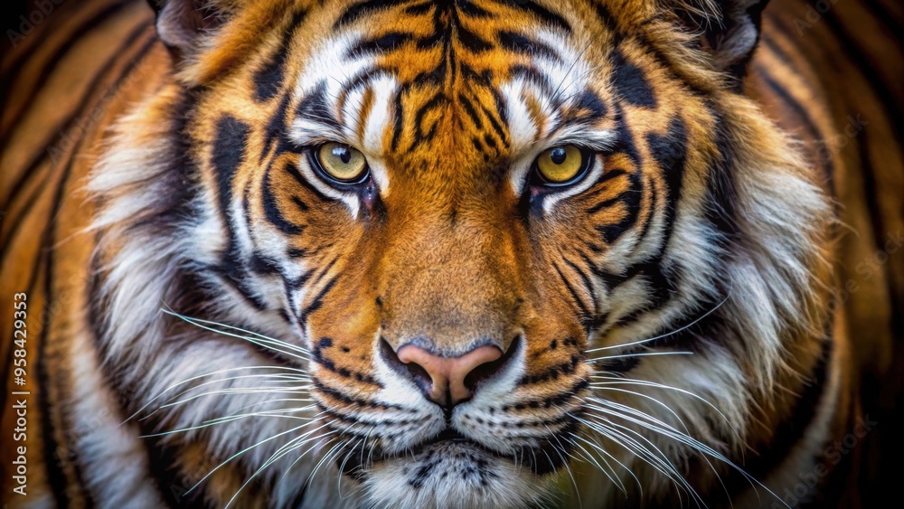 Fototapeta premium Close up of a fierce tiger staring directly into the camera, wildlife, predator, carnivore, feline, hunter, powerful, majestic