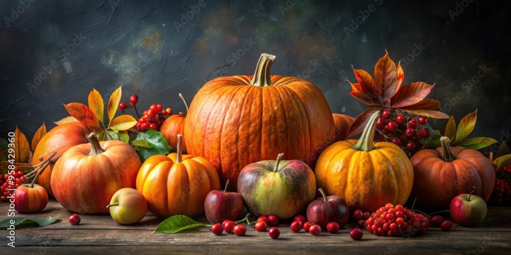 Autumn still life featuring pumpkins, apples, and berries arranged on a dark background , fall, harvest, seasonal, decor Autumn still life featuring pumpkins, apples, and berries arranged on a dark background , fall, harvest, seasonal, decor