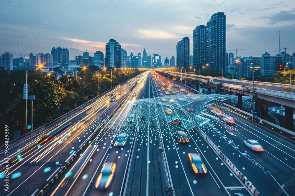 Fototapeta premium Futuristic City Traffic with Light Trails and Connected Technology