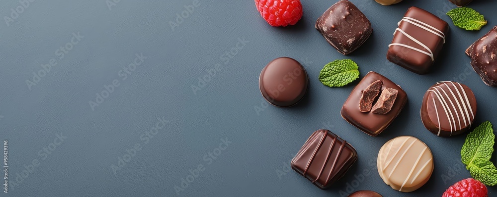 An assortment of delicious chocolate truffles and fresh raspberries on a dark background, perfect for dessert lovers. An assortment of delicious chocolate truffles and fresh raspberries on a dark background, perfect for dessert lovers.