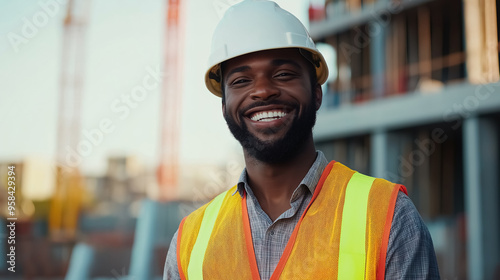 A joyful construction worker, wearing a hard hat and a bright safety vest, smiles widely at the camera