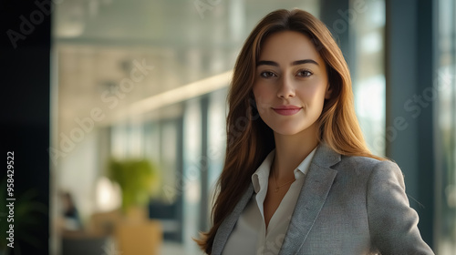 Wallpaper Mural A confident young businesswoman, dressed in a sleek blazer and a blouse, stands in a modern corporate office Torontodigital.ca