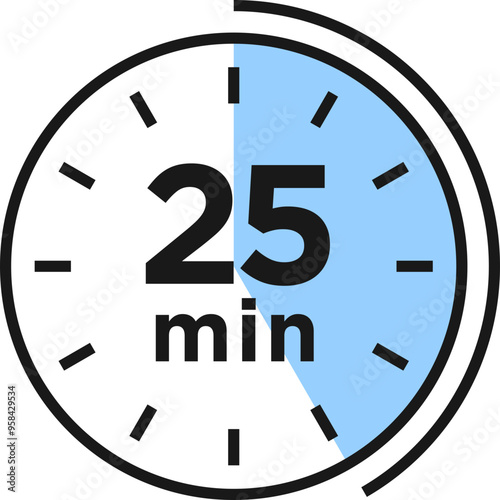 25 minutes timer, clock, stopwatch isolated icons. Countdown timer