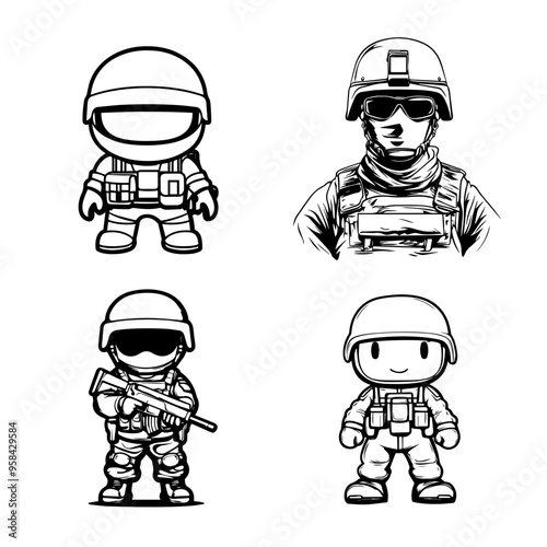 Military Cartoon Characters Line Art Illustrations of Soldiers