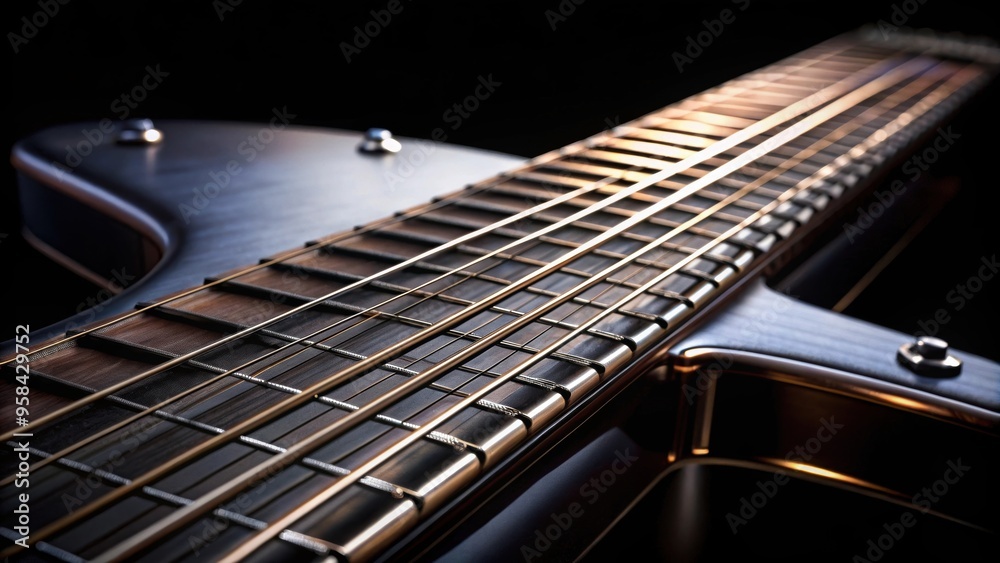 Fototapeta premium Close-up detail of metallic string on electric guitar against black background, metallic thread, electric guitar, black background