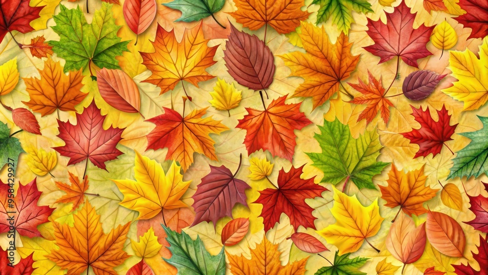 Seamless pattern of colorful autumn leaves, fall, foliage, seasonal, repetitive, background, design, nature, texture, orange, red