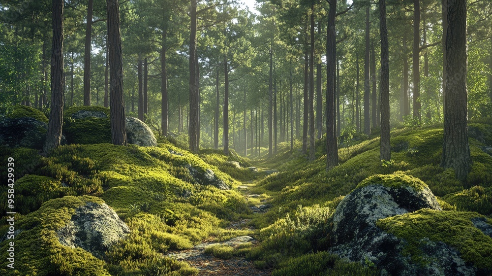 Fototapeta premium Serene forest path surrounded by lush greenery and moss-covered rocks, illuminated by soft sunlight filtering through trees.