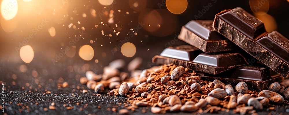 Delicious chocolate pieces with cocoa beans scattered, creating a warm and inviting atmosphere with soft bokeh lighting. Delicious chocolate pieces with cocoa beans scattered, creating a warm and inviting atmosphere with soft bokeh lighting.