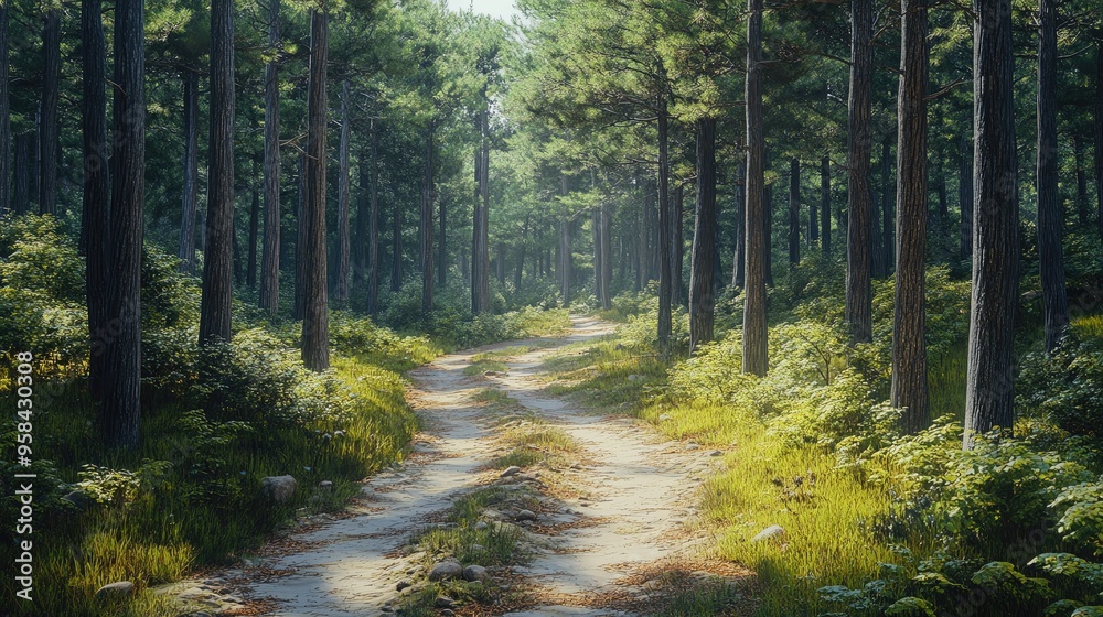 Fototapeta premium Serene forest path winding through tall trees, bathed in sunlight, inviting exploration and tranquility in nature's embrace.