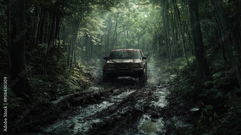 A muddy SUV drives through a dense forest with sunlight peaking through the canopy. A muddy SUV drives through a dense forest with sunlight peaking through the canopy.