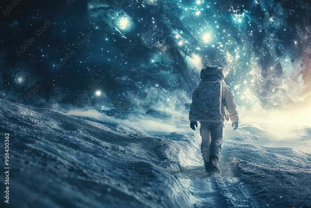 Astronaut Walking on Alien Planet Under Starry Sky, Space Exploration and Adventure