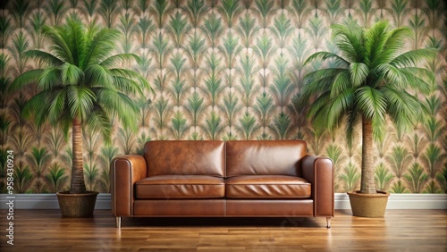 Informal space with leather sofa and palm tree wallpaper  generated by AI  salon  espace  informel