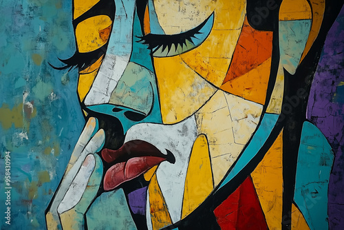 Vibrant Abstract Portrait of a Woman with Bold Colors in Cubist Style