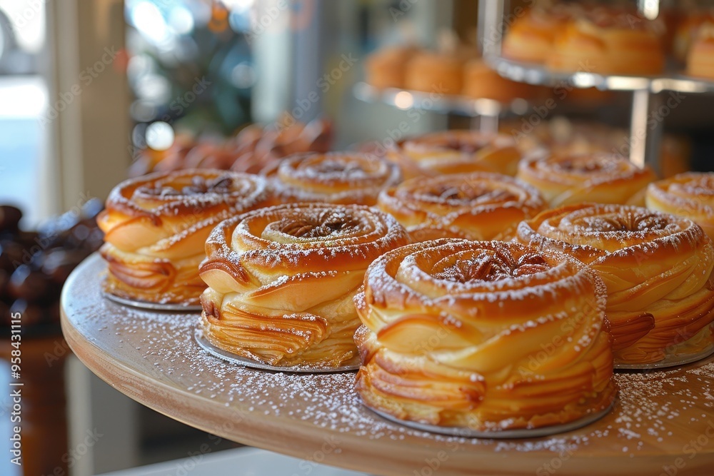 Morocco: M'hanncha A coiled pastry filled with almond paste and flavored with orange blossom water, dusted with powdered sugar and cinnamon Morocco: M'hanncha A coiled pastry filled with almond paste and flavored with orange blossom water, dusted with powdered sugar and cinnamon