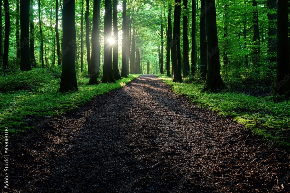 Obraz premium A sunlit path meanders through a verdant forest, with light filtering through the green canopy, creating a serene and inviting landscape for peaceful walks.