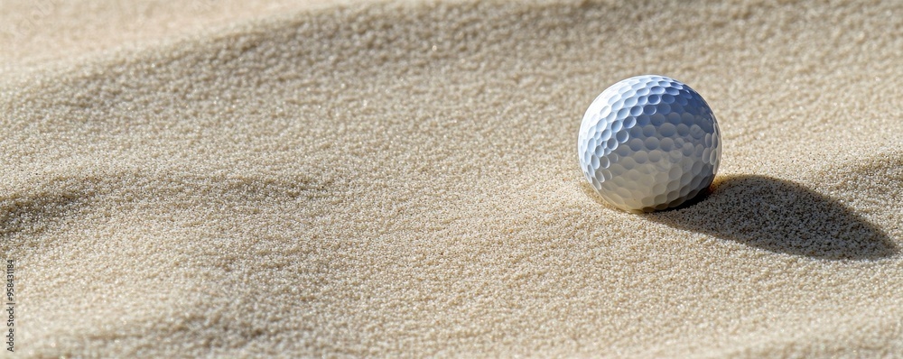 Solitary golf ball resting in a sand bunker on the golf course, highlighting challenges in the sport and focus on precision Solitary golf ball resting in a sand bunker on the golf course, highlighting challenges in the sport and focus on precision