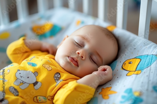 An adorable baby wearing a yellow onesie sleeps contentedly in a white crib with colorful fish-themed bedding, exuding a sense of calm and serenity. photo