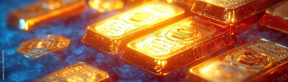 Shiny gold bars are stacked on a luxurious surface, representing wealth and investment opportunities in the finance sector. Shiny gold bars are stacked on a luxurious surface, representing wealth and investment opportunities in the finance sector.