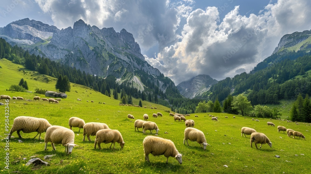 Fototapeta premium Photo of a flock of sheep on a green meadow in the mountains.